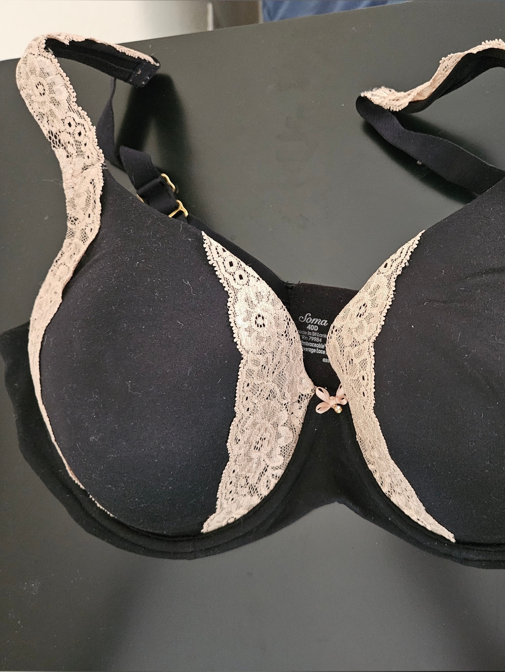 Soma Black Bra with Beige Lace Accents